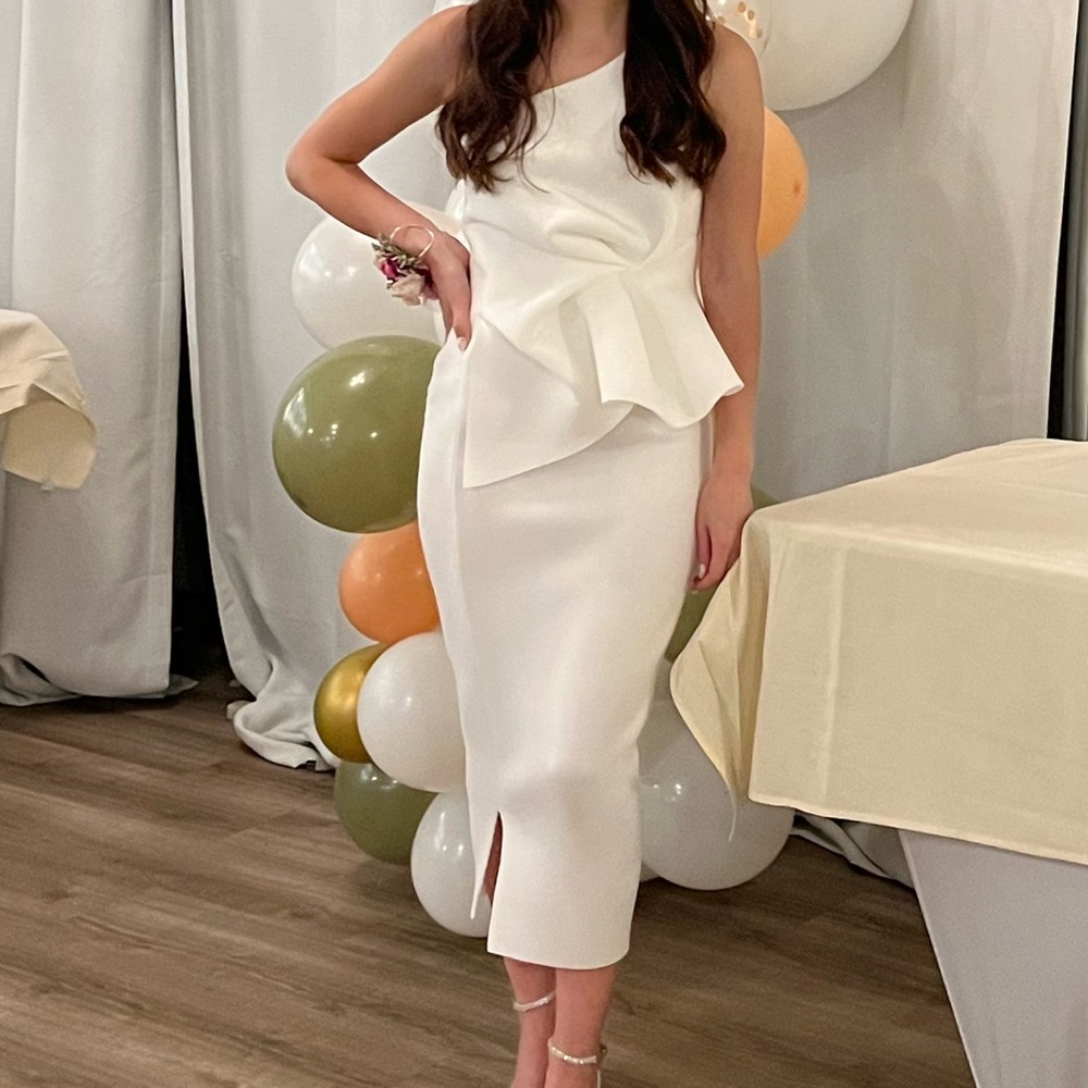 ASOS DESIGN white one shoulder half peplum pencil midi dress